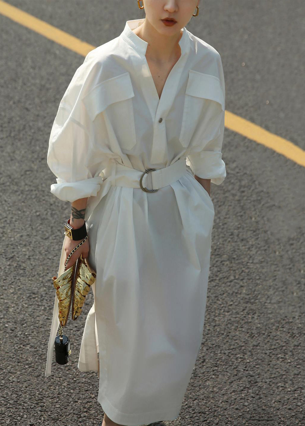 Women's Loose Cotton Shirt Dress White With Pockets Belted Waist - OutfitLondon