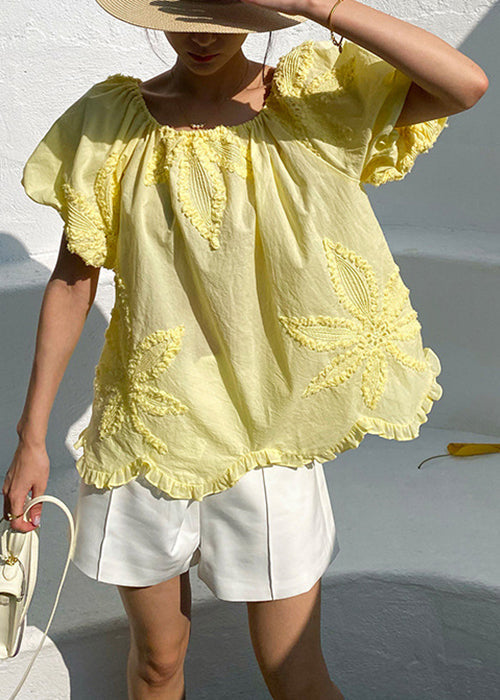 Women's Cotton Ruffle Embroidered Yellow Loose Fit - OutfitLondon