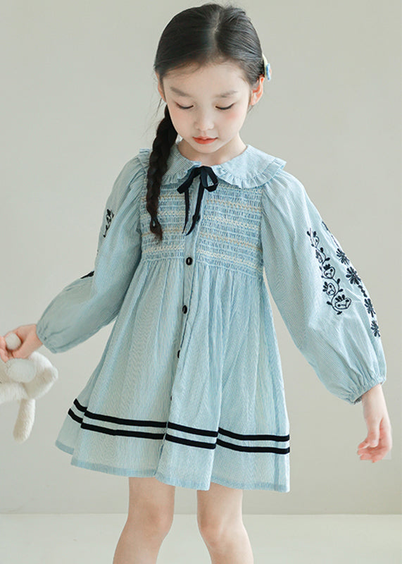 Girls Soft Cotton Long Sleeve Dress Blue Stripes Floral Embroidery - OutfitLondon