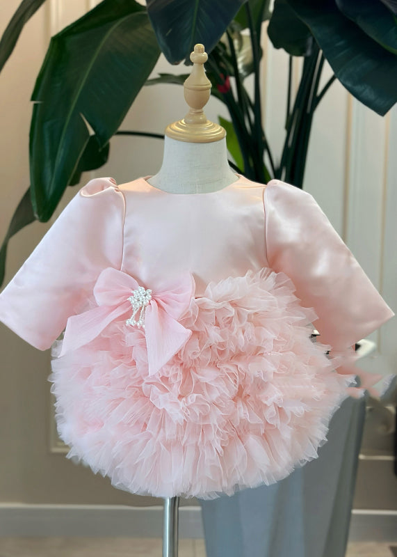 Girls Pink Tulle Maxi Dress Soft Bow Spring Occasion - OutfitLondon