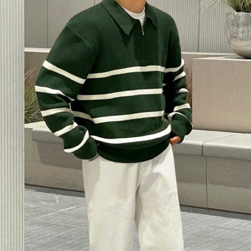Fresh Green White Stripe Quarter Zip Polo Sweater