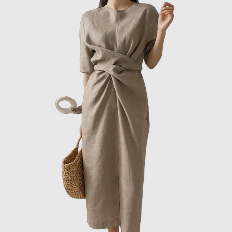 May Dress | Waist Twisted Pleated Cotton Linen Dress