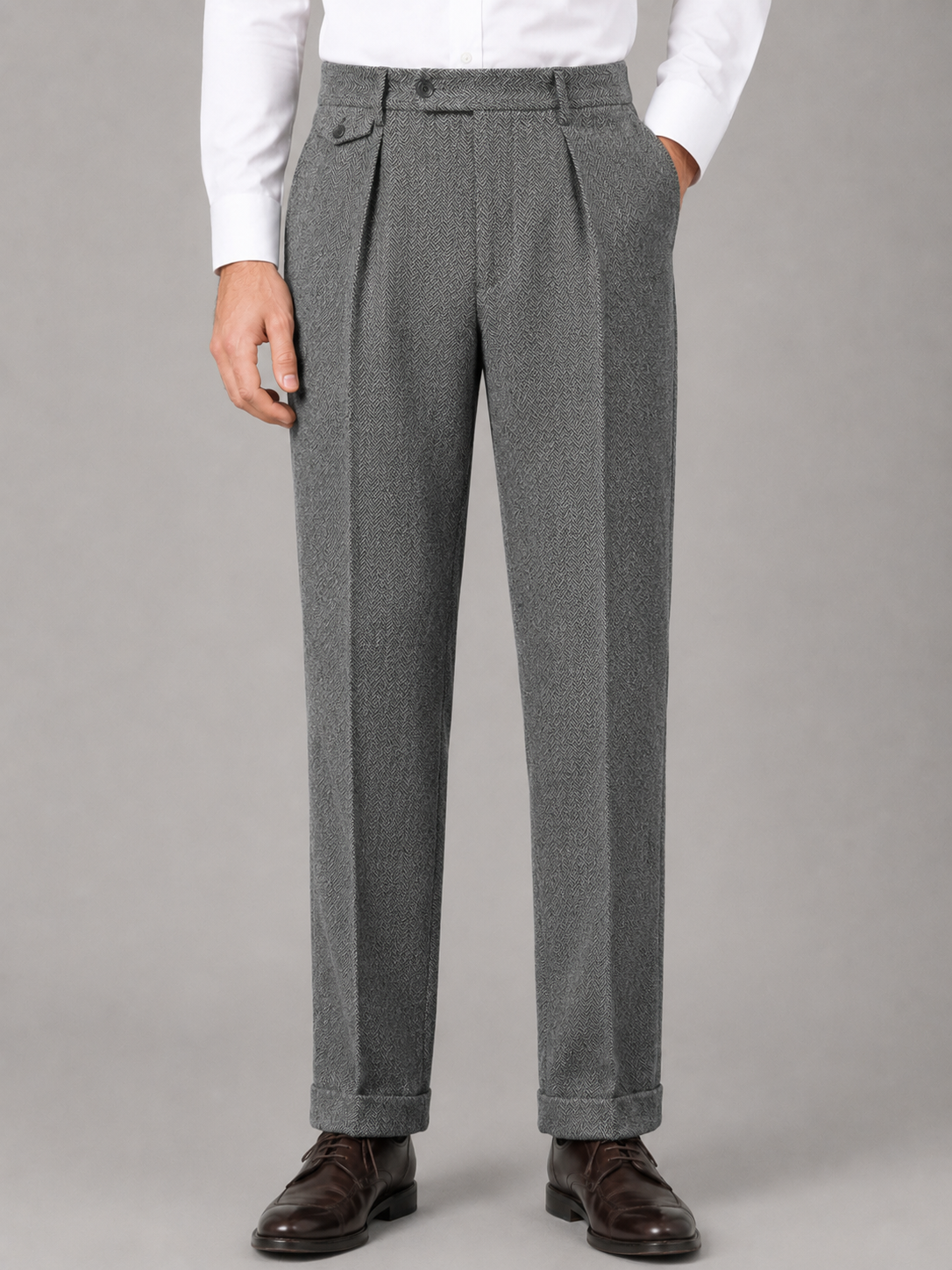 Men's Tailored Herringbone Pleated Straight Leg Trousers