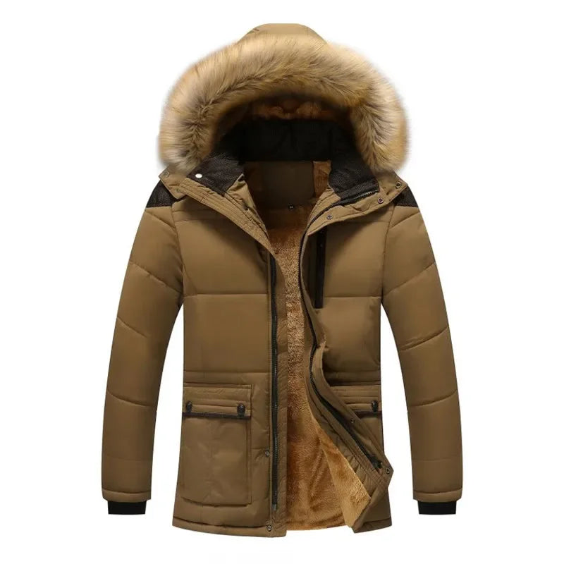 Warm Mens Long Coat with Fleece Hood