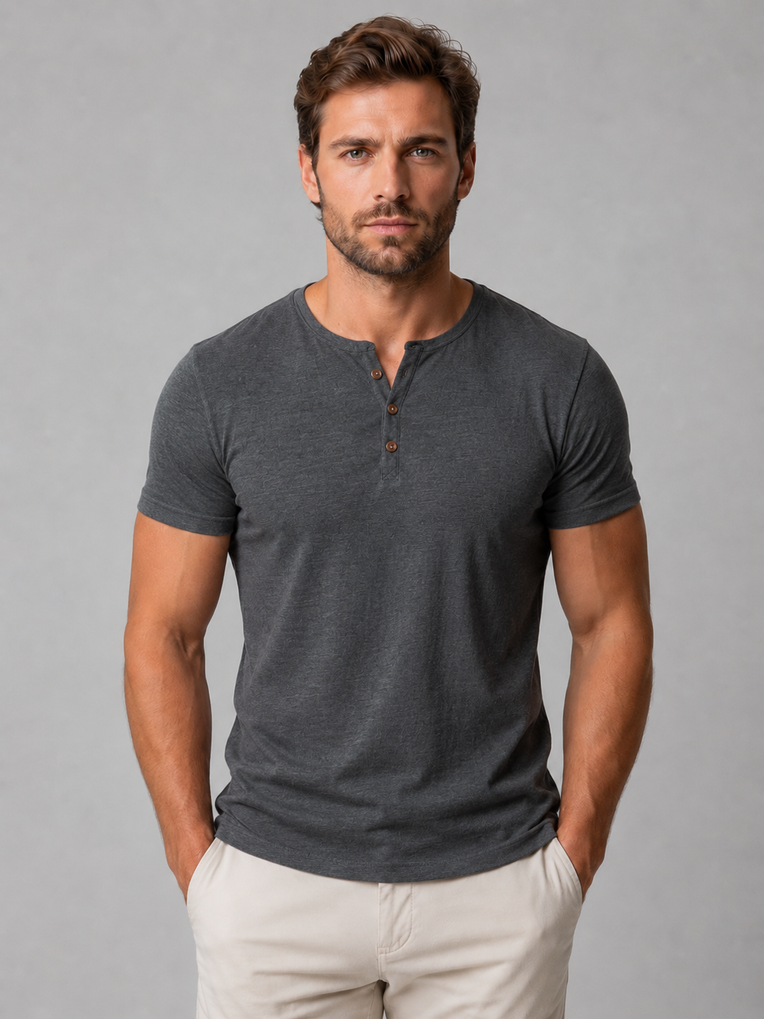 Men's Casual Slim Fit Cotton Henley T-Shirt with Button Neck