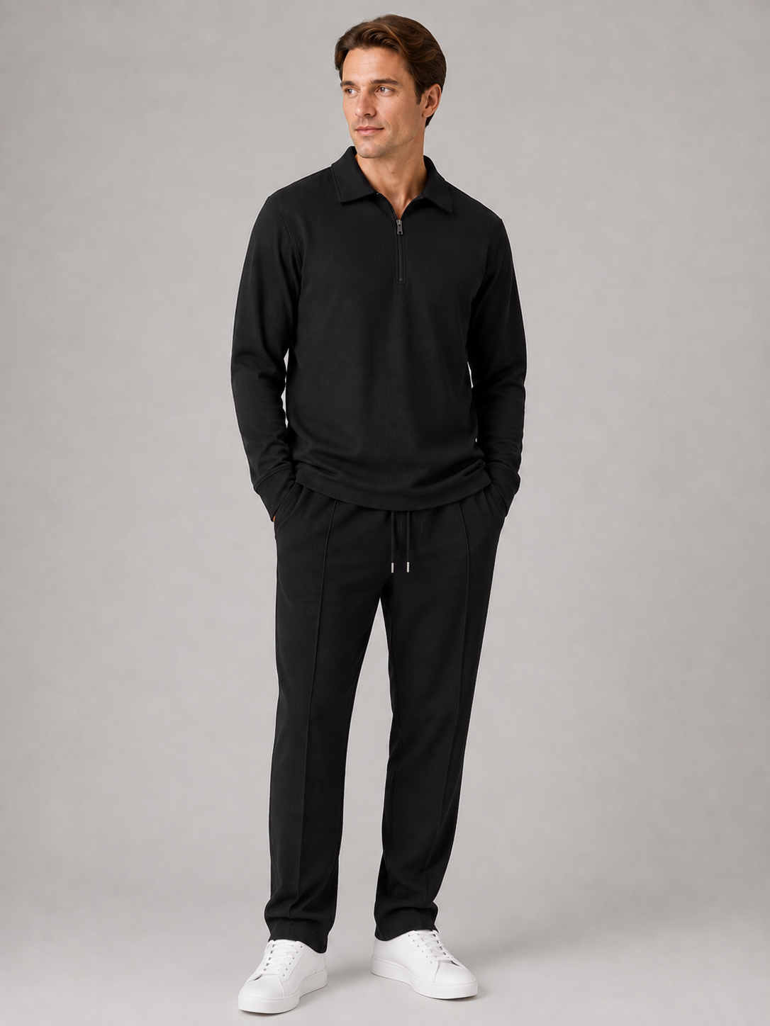 Men's Casual Textured Cotton Polo Shirt and Trousers Set