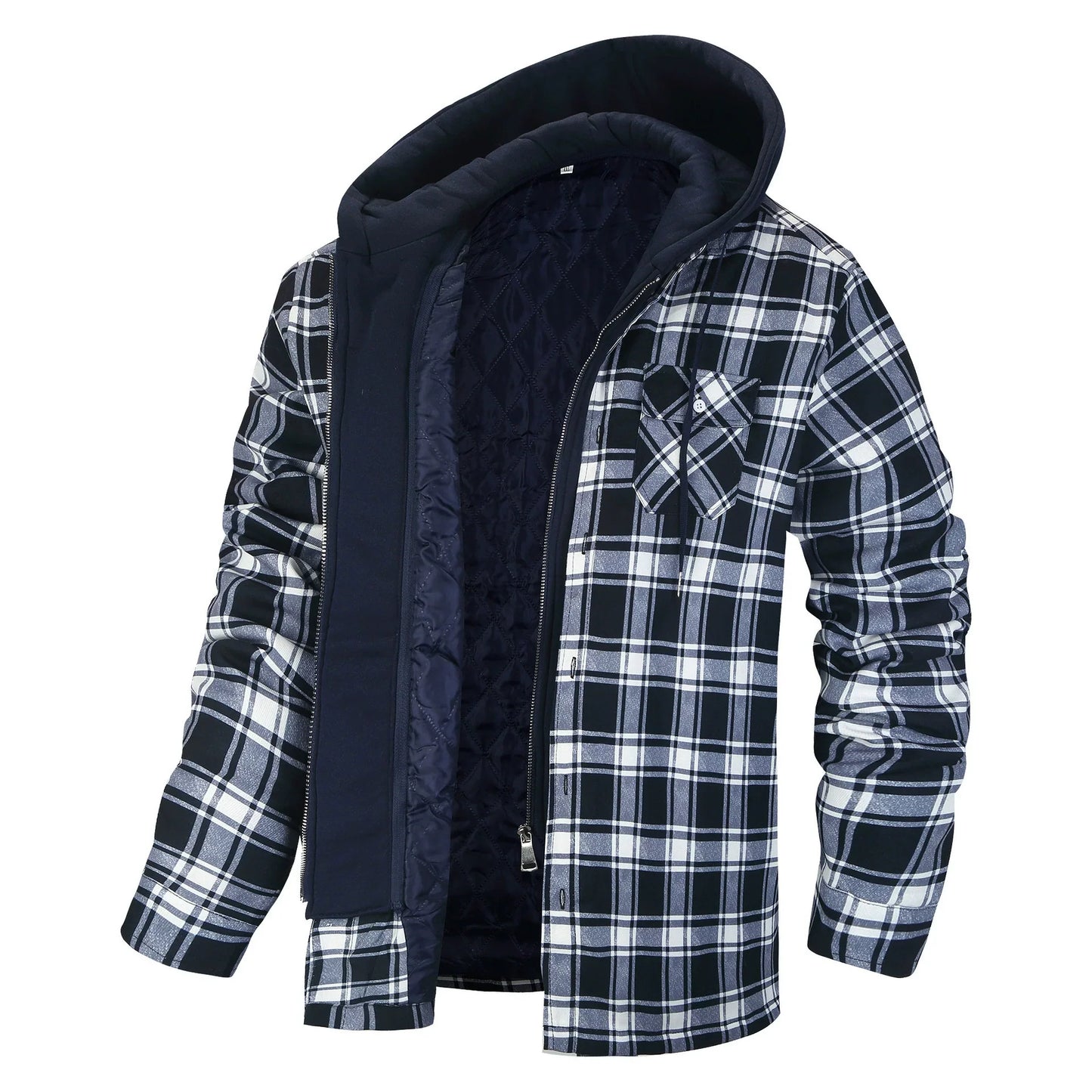 Men’s Jacket – Relaxed Fit – Plaid Pattern – Faux Layered – Sherpa Lined Hood