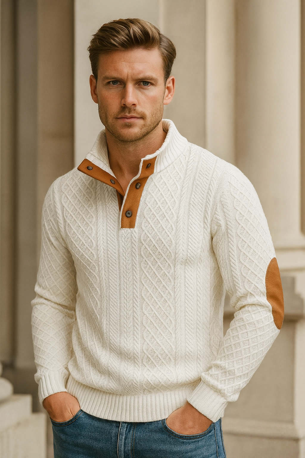 Men's Crew Neck Knit Sweater with Buttons