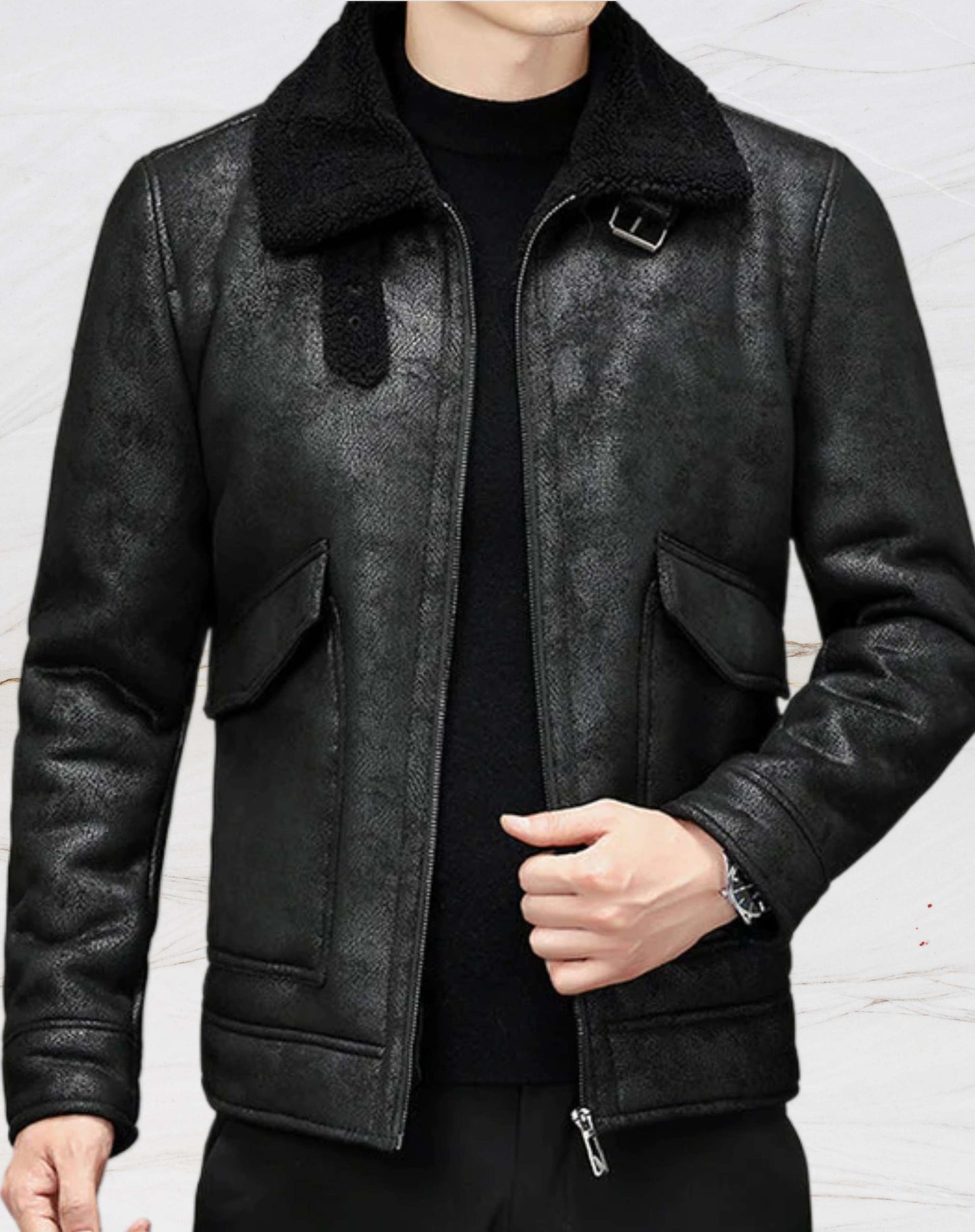Luxury Mens Tan Leather Trench Coat with Faux Fur Inside