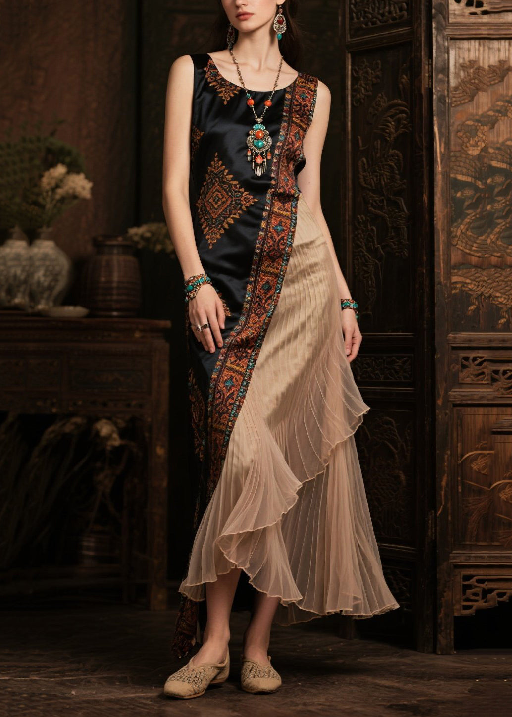 Women's Silk Robe Sleeveless Patchwork Black - OutfitLondon
