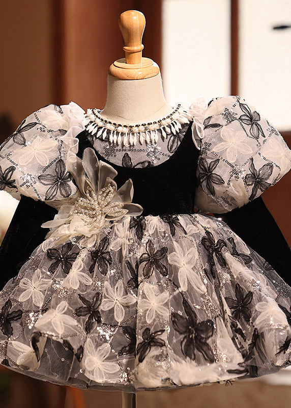 Girls Black Embroidered Tulle Maxi Dress Puff Sleeves - OutfitLondon