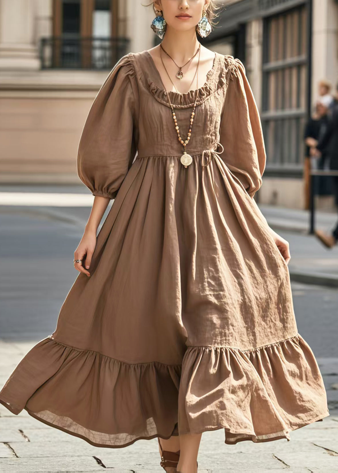 Women's Cotton Maxi Dress Brown Long Sleeve - OutfitLondon