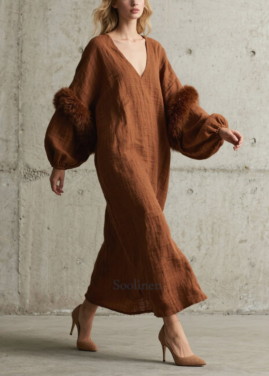 Women's Faux Fur V Neck Dress Brown Lantern Sleeves - OutfitLondon