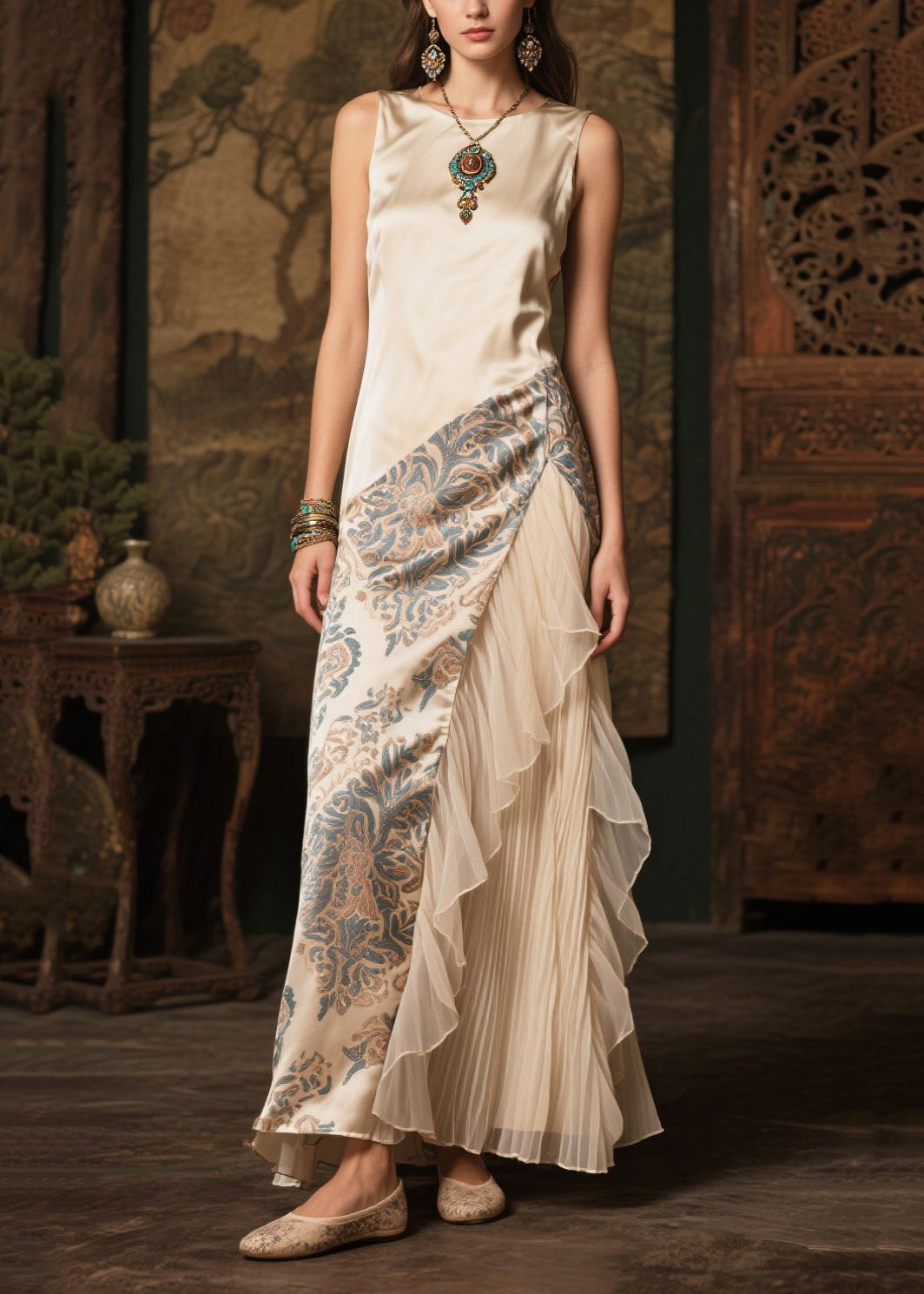 Women's Silk Tulle Patchwork Dress Champagne - OutfitLondon
