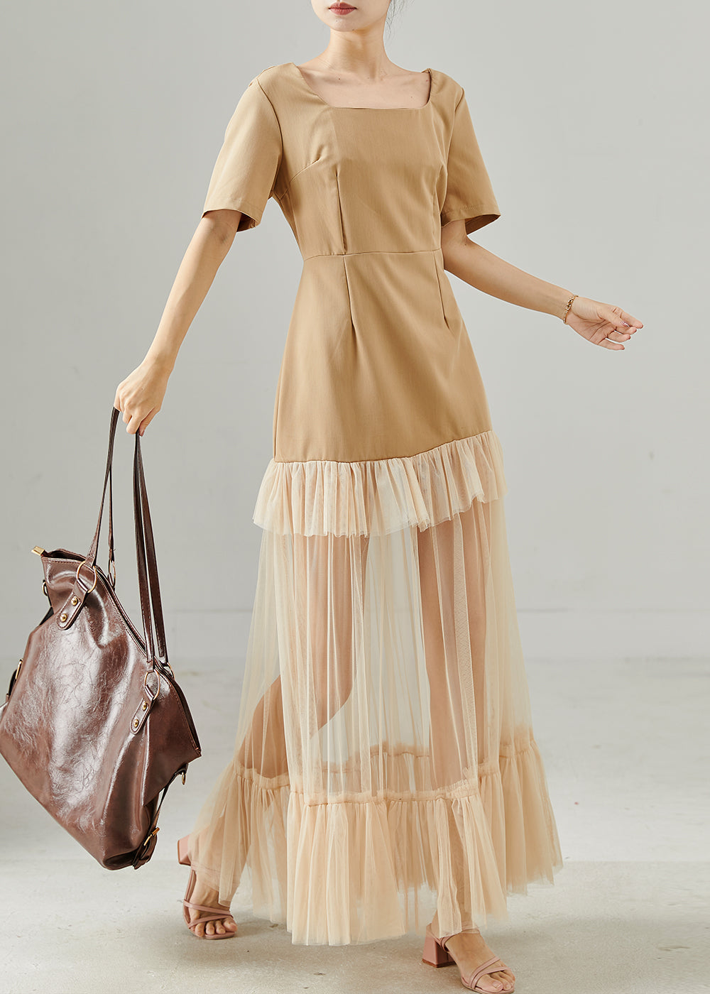 Women's Patchwork Tulle Summer Dress Khaki Square Collar - OutfitLondon