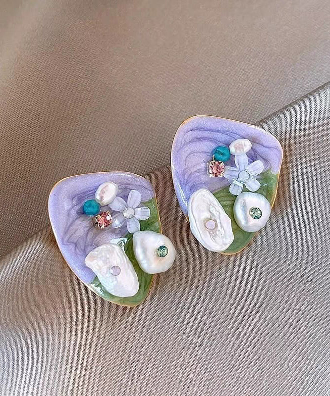Women's Violet Alloy Stud Earrings Floral Beads - OutfitLondon