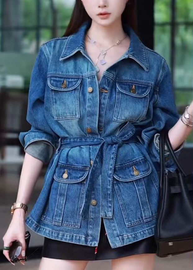 Women's Navy Denim Tunic Jacket Belted Waist - OutfitLondon
