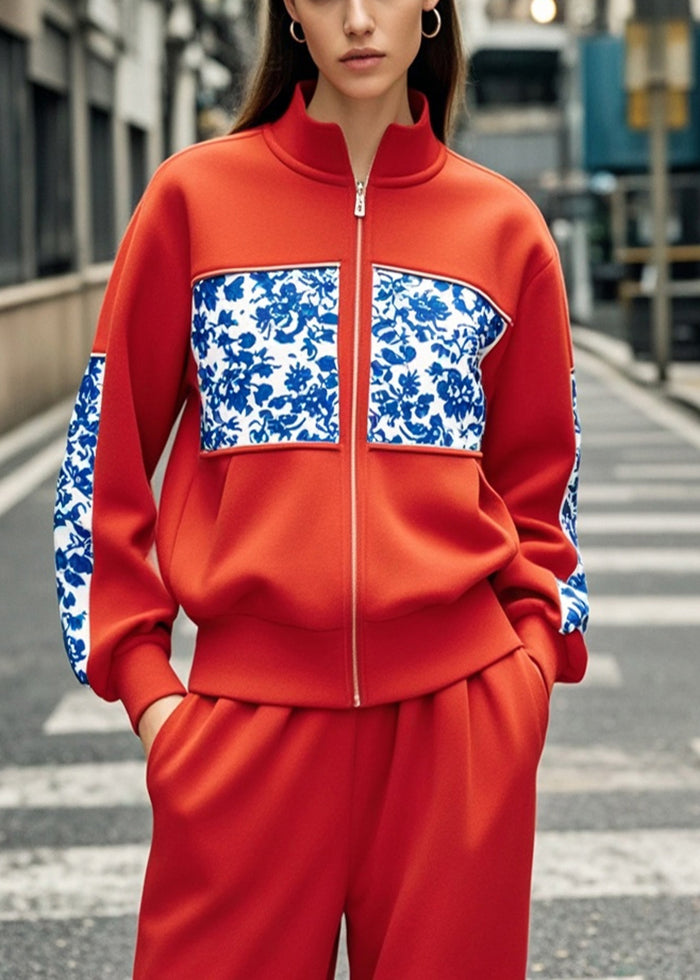 Women's Cotton Patchwork Coat Red Zip Front - OutfitLondon