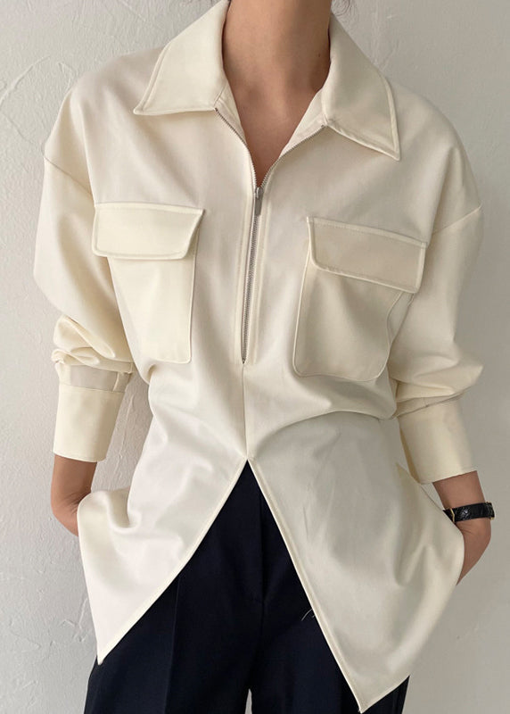Women's Cotton Blend Blouse Zipper Front White - OutfitLondon