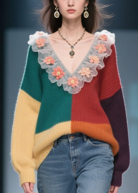 Women's Knit Sweater Floral Ruffles Natural Color Block - OutfitLondon