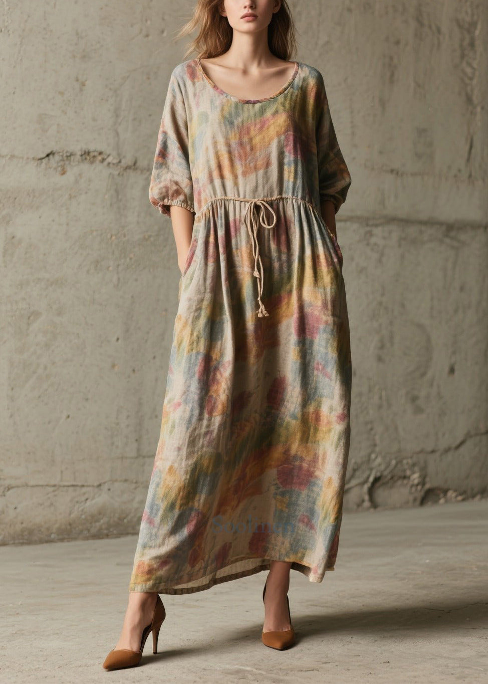 Women's Cotton Robe Natural Khaki Print Mid Length Sleeves Breathable - OutfitLondon