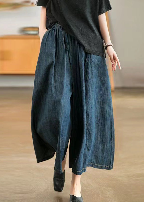 Women's Wide Leg Denim Pants Elastic Waist Navy Blue - OutfitLondon