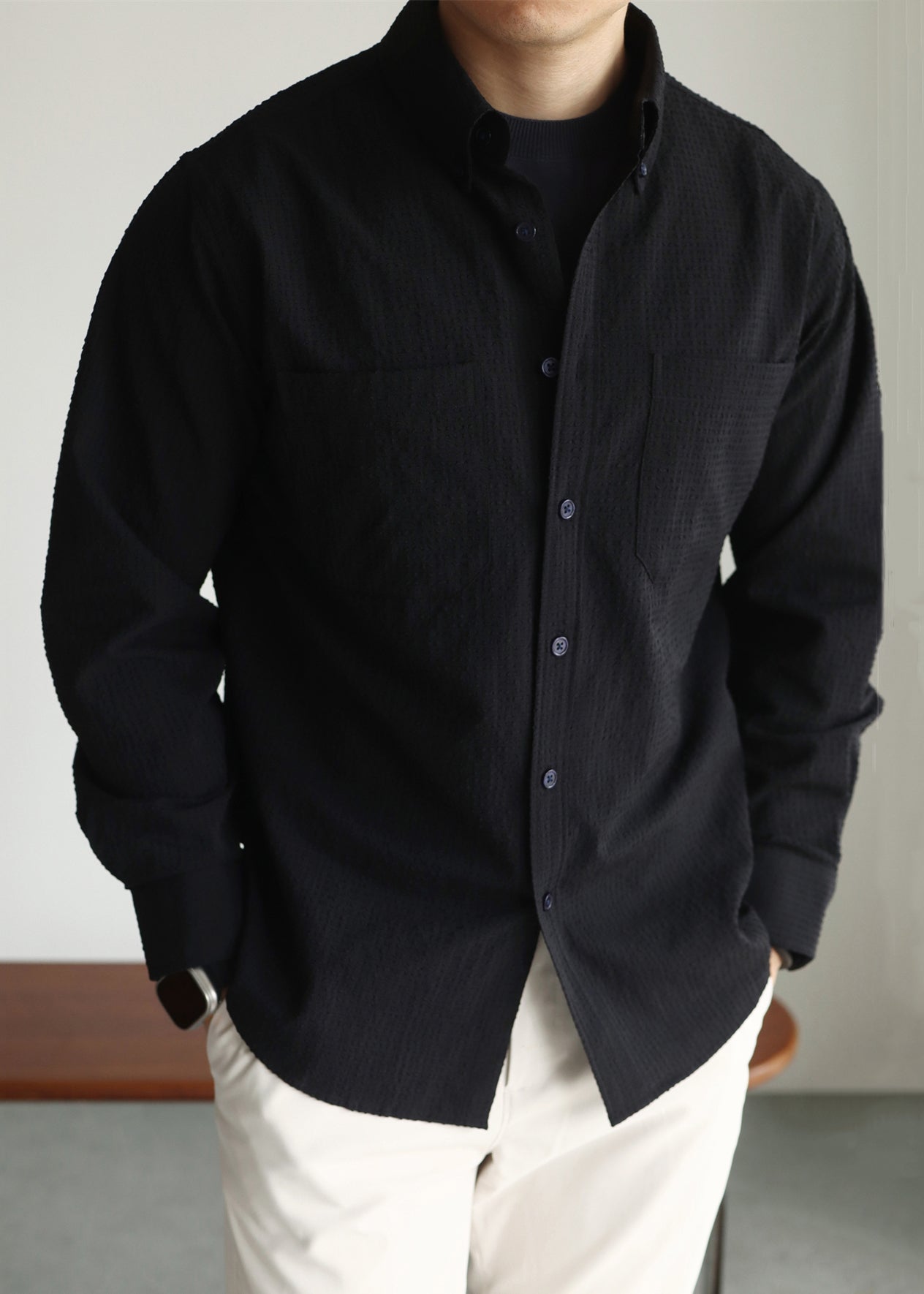 Men's Peter Pan Collar Shirt Black Cotton Blend Long Sleeve - OutfitLondon