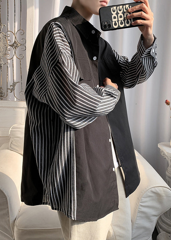 Men's Patchwork Cotton Shirt Black Long Sleeve - OutfitLondon