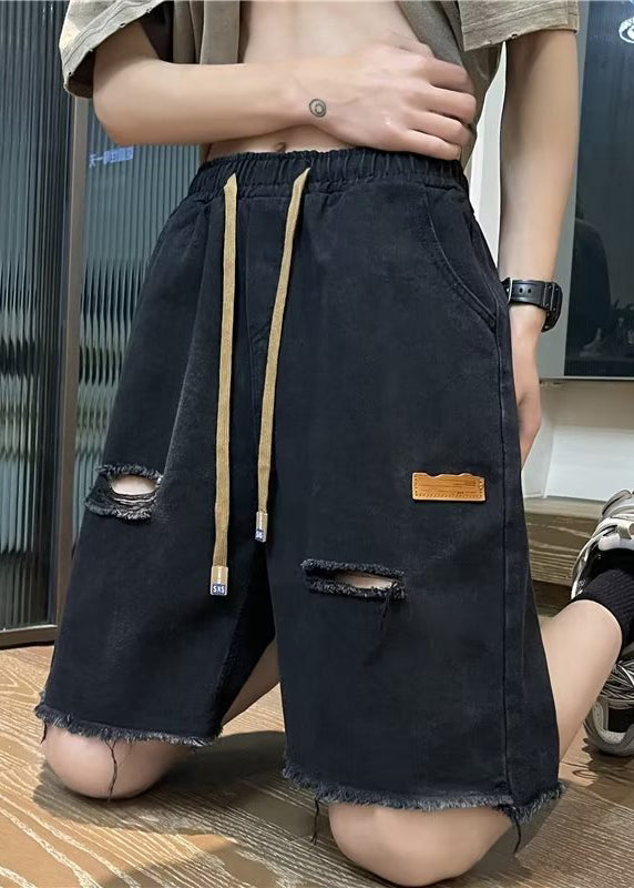 Men's Ripped Denim Shorts Black Elastic Waist - OutfitLondon
