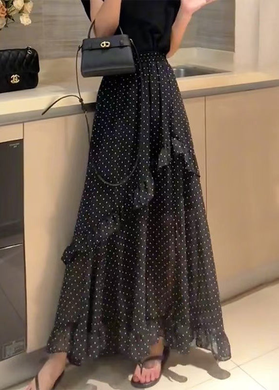 Women's Silk Chiffon Ruffle Skirt Polka Dot Side Slit - OutfitLondon