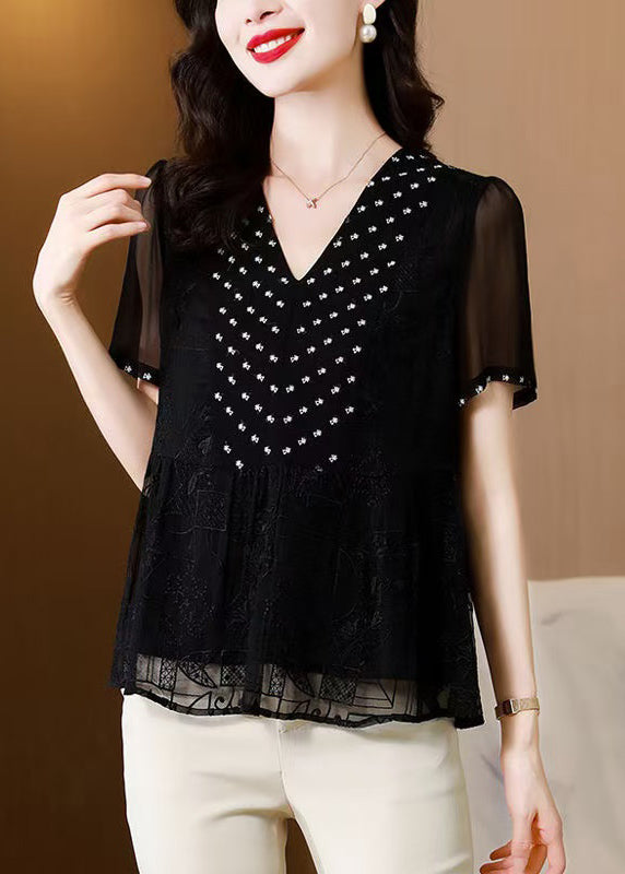 Women's Silk Blouse Embroidered V Neck Black - OutfitLondon