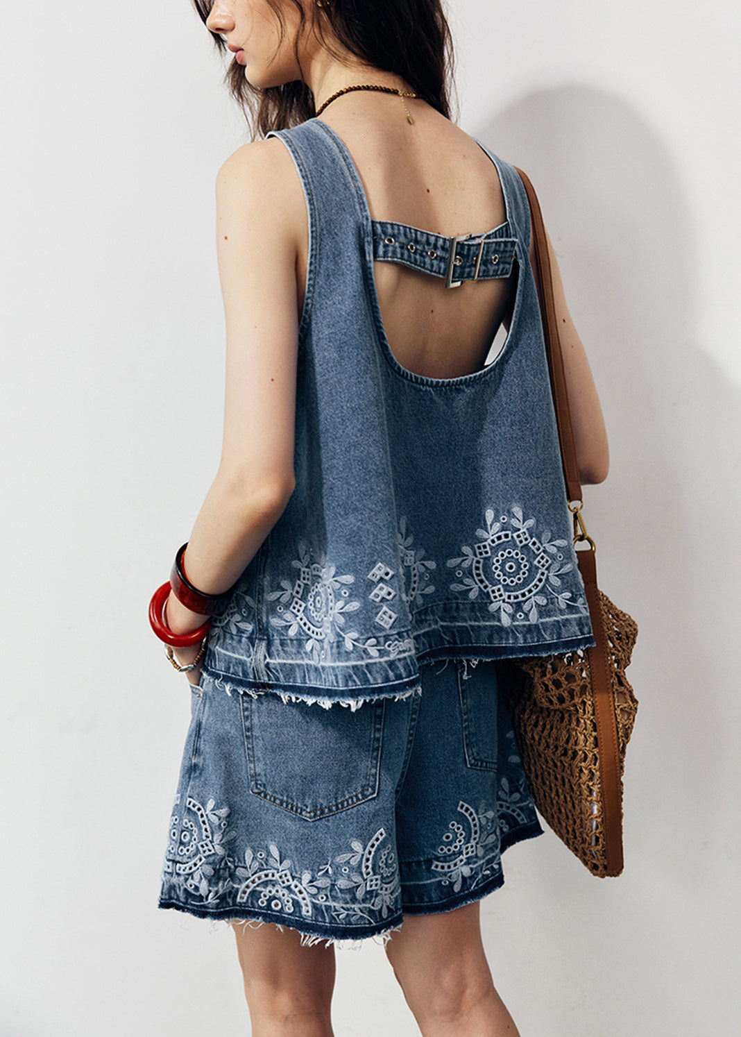 Women's Embroidered Denim Two Piece Set Blue Comfort Fit - OutfitLondon