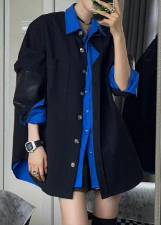 Women's Cotton Blend Coat And Shirt Set Blue Relaxed Fit - OutfitLondon