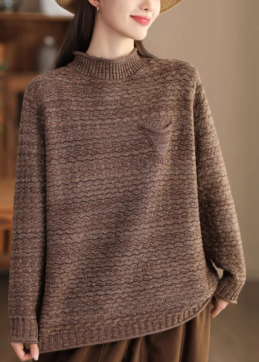 Women's Cotton Sweater Mock Neck Lightweight Coffee - OutfitLondon
