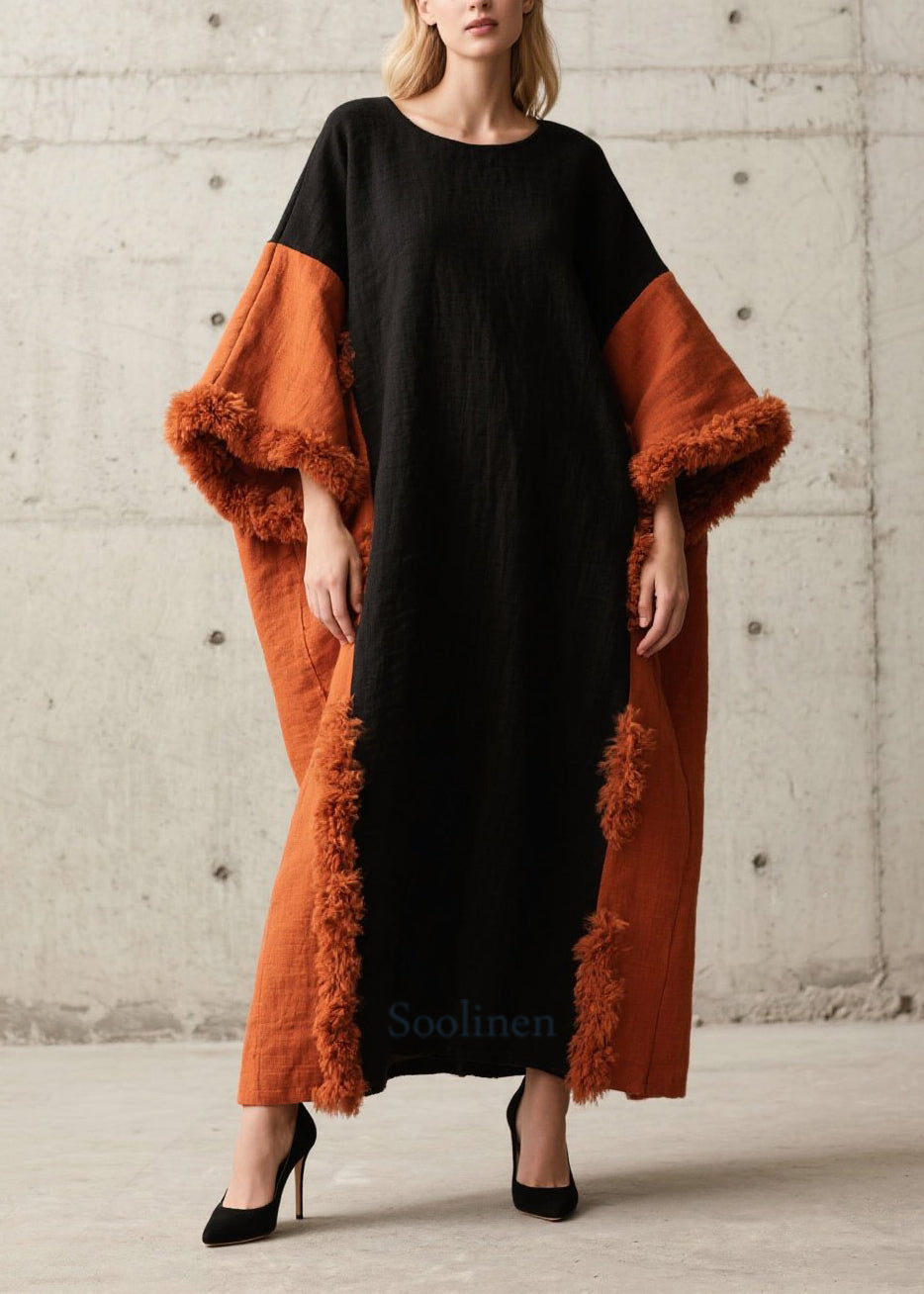 Women's Cotton Maxi Dress Plush Fur Patchwork Colorblock - OutfitLondon