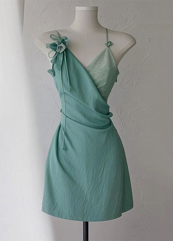 Women's Green V Neck Cotton Dress Sleeveless High Waist - OutfitLondon