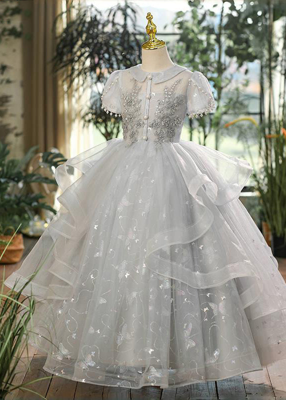 Girls Grey Tulle Maxi Dress Peter Pan Collar Beaded Patchwork - OutfitLondon