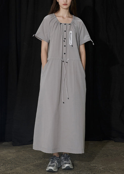 Women's Grey Maxi Dress Lightweight With Pockets Drawstring Waist - OutfitLondon