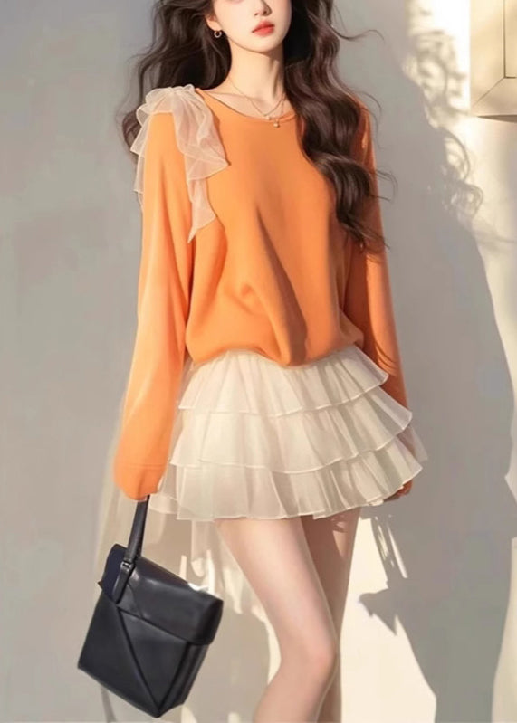 Women's Cotton Two Piece Orange And White Skirt Set - OutfitLondon
