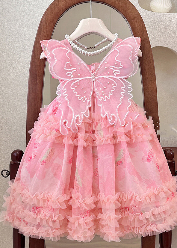 Girls Pink Tulle Maxi Dress Square Collar Layered Skirt - OutfitLondon