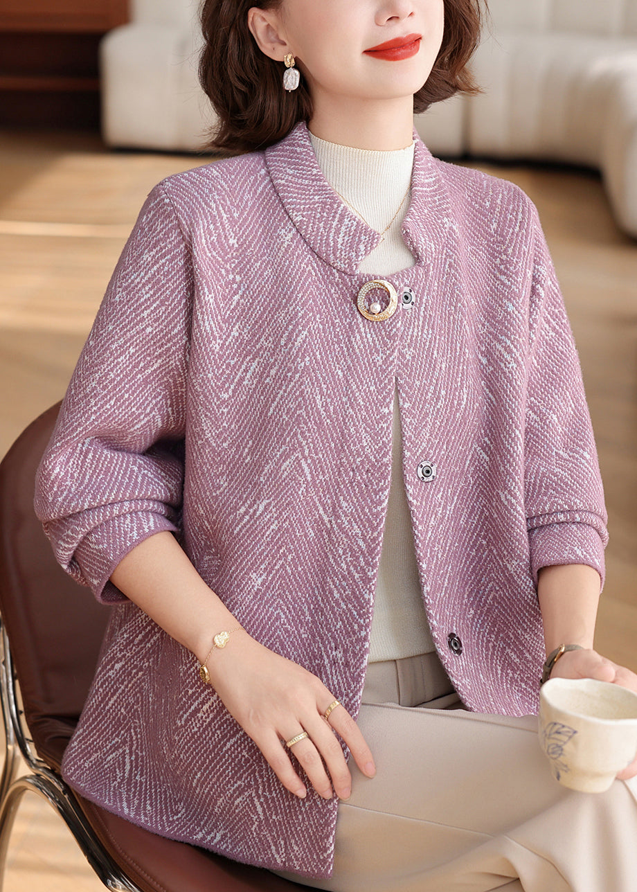 Women's Patchwork Knit Cardigan Purple Soft Round Neck - OutfitLondon