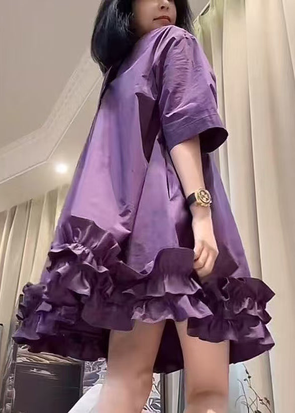 Women's Purple Patchwork Midi Dress Ruffled Round Neck Breezy - OutfitLondon