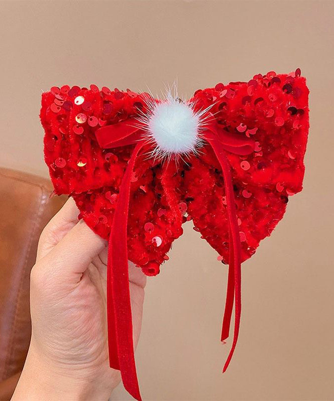 Girls Red Hair Clips Set Alloy Bow Ribbon Glitter - OutfitLondon