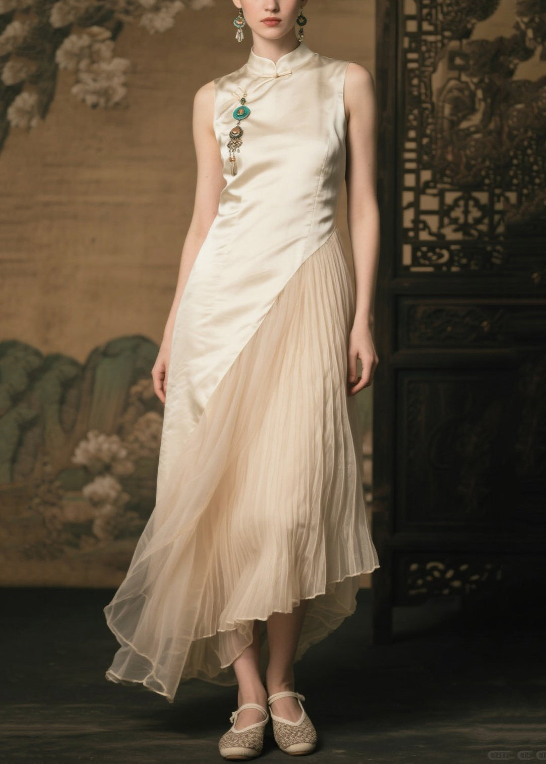 Women's Silk Patchwork Dress Mandarin Collar Champagne - OutfitLondon