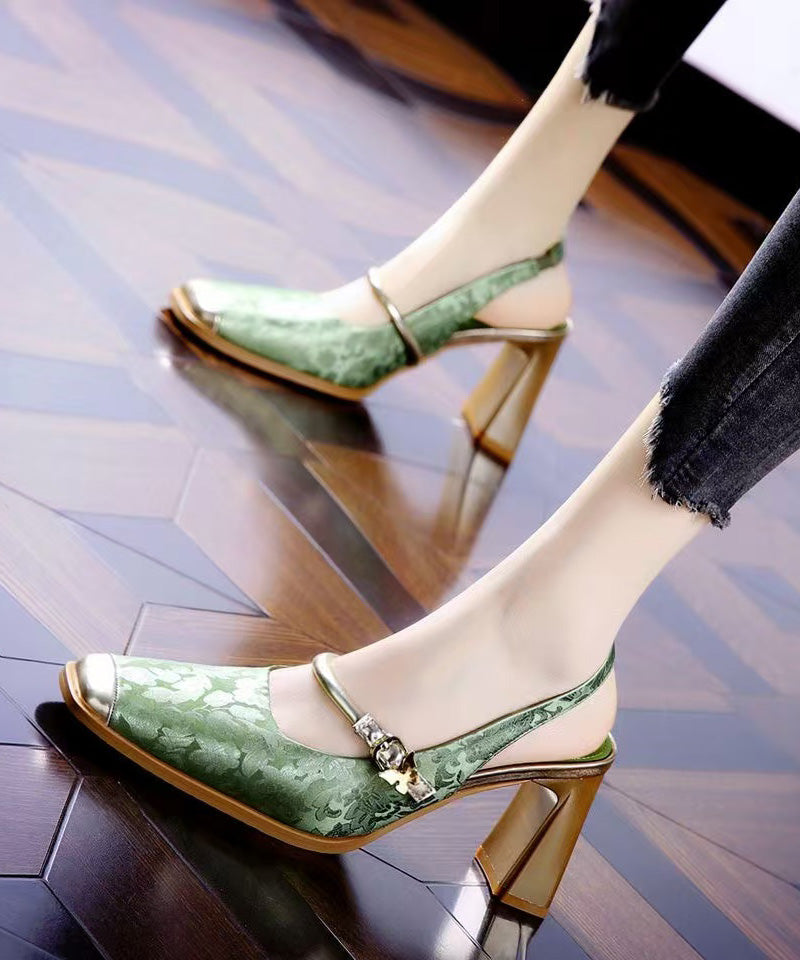 Women's Retro Green Faux Leather Sandals Thick Heel Cushioned Insole - OutfitLondon
