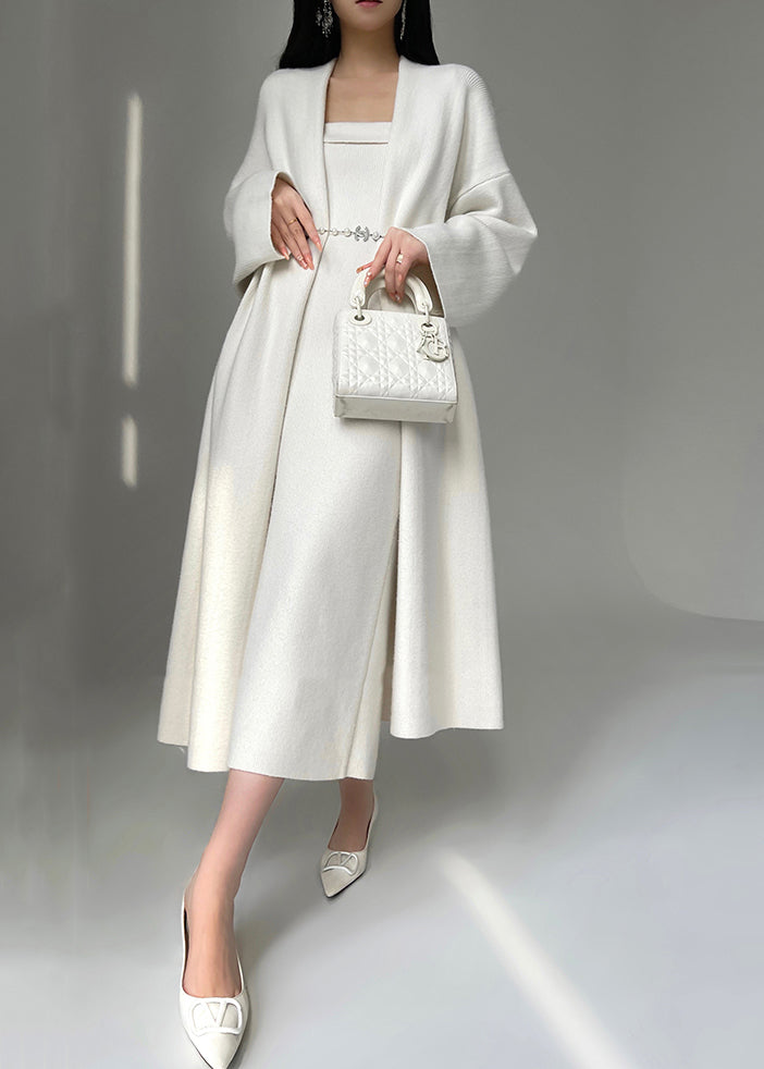Women's White Knit Cardigan Dress Set - OutfitLondon