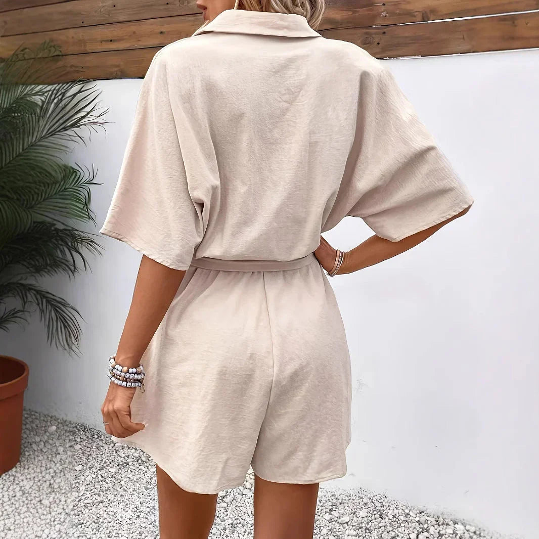 Casual Short Sleeve Belted Romper Dress