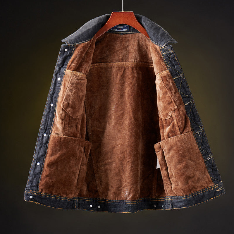 Warm Mens Denim Coat with Fleece Inner Lining