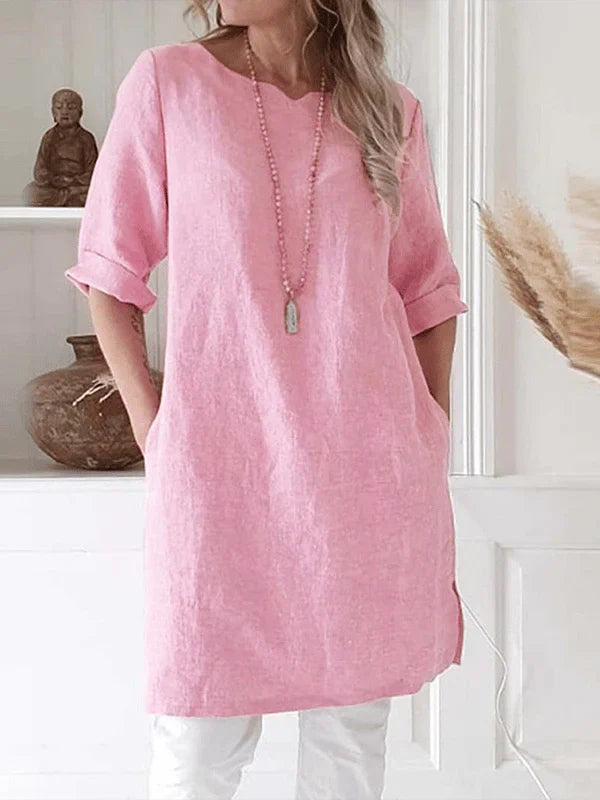 Norina Dress | Breathable Linen Relaxed Fit 3/4 Sleeve Tunic Dress