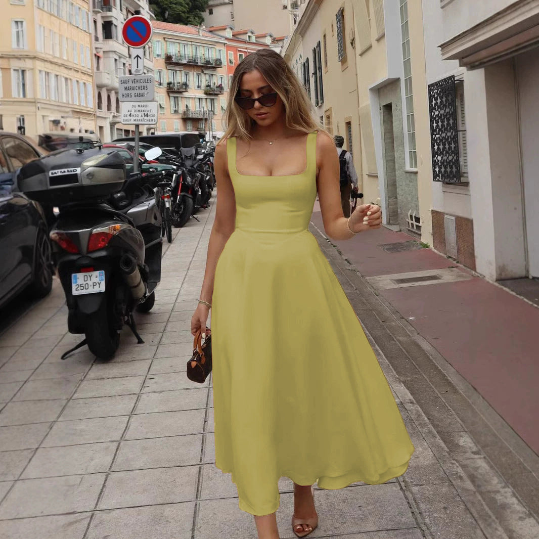 Chic V Neck Halter Long Dress - Fitted Open Back Design